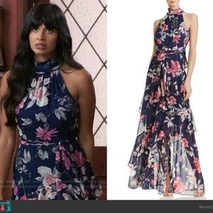 Eliza J Dark Blue Pink Floral Tiered Dress